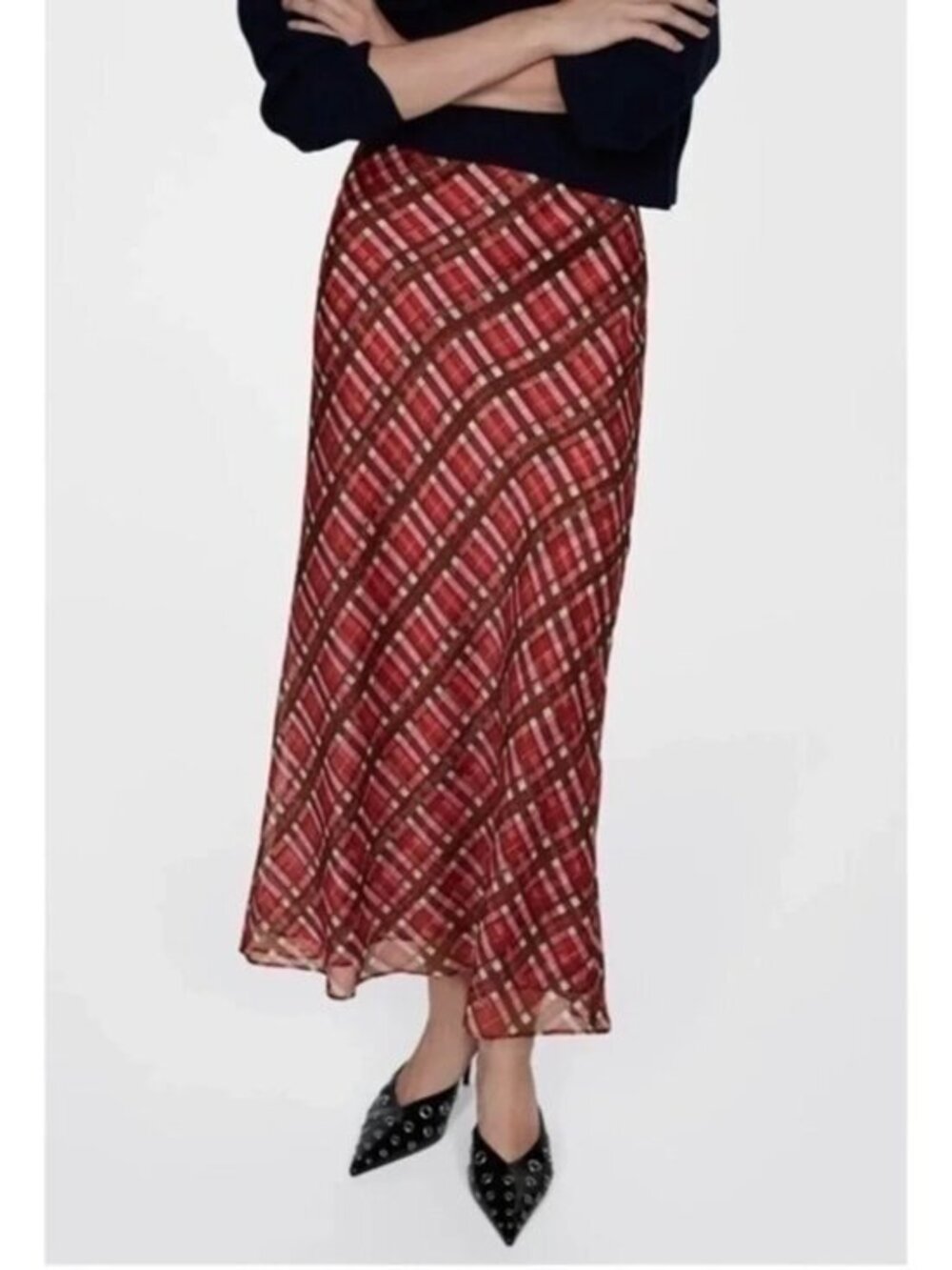 New Mango Plaid Chiffon Maxi Slip Skirt Red Pink Brown XXS